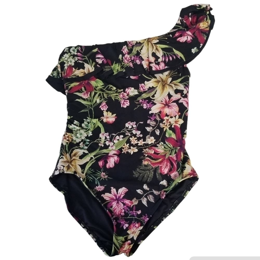 Carmen Marc Valvo One Shoulder Ruffle One Piece Swimsuit Size 14 Floral Print